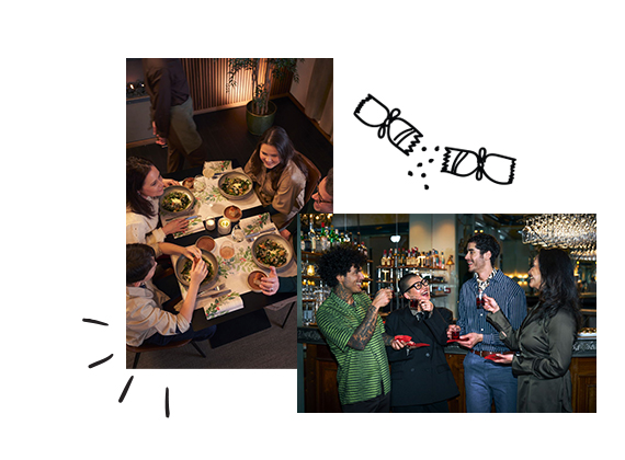 Two festive scenes: one showing a group enjoying a Christmas meal around a table, and another with people socialising at a bar with drinks, capturing the spirit of festive celebrations.